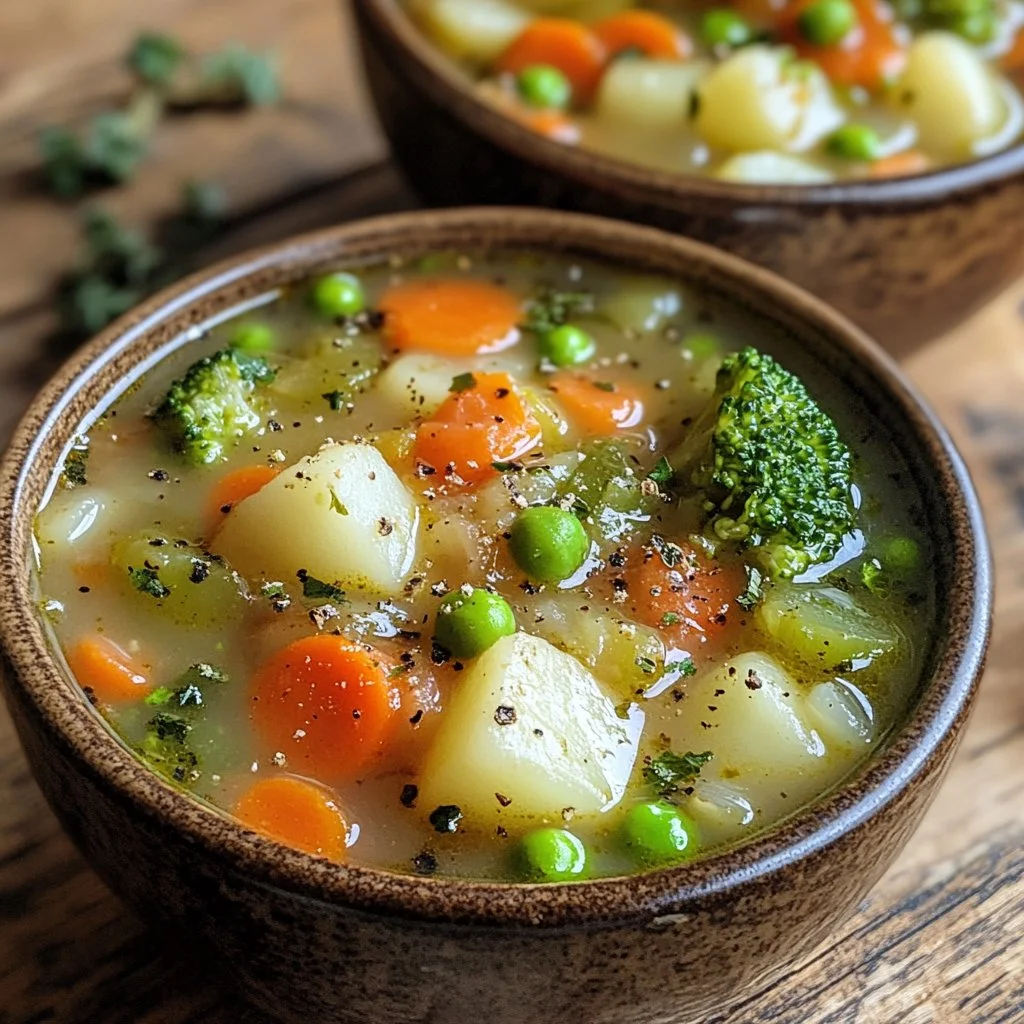 A bowl of hearty veggie pot pie soup filled with colorful vegetables