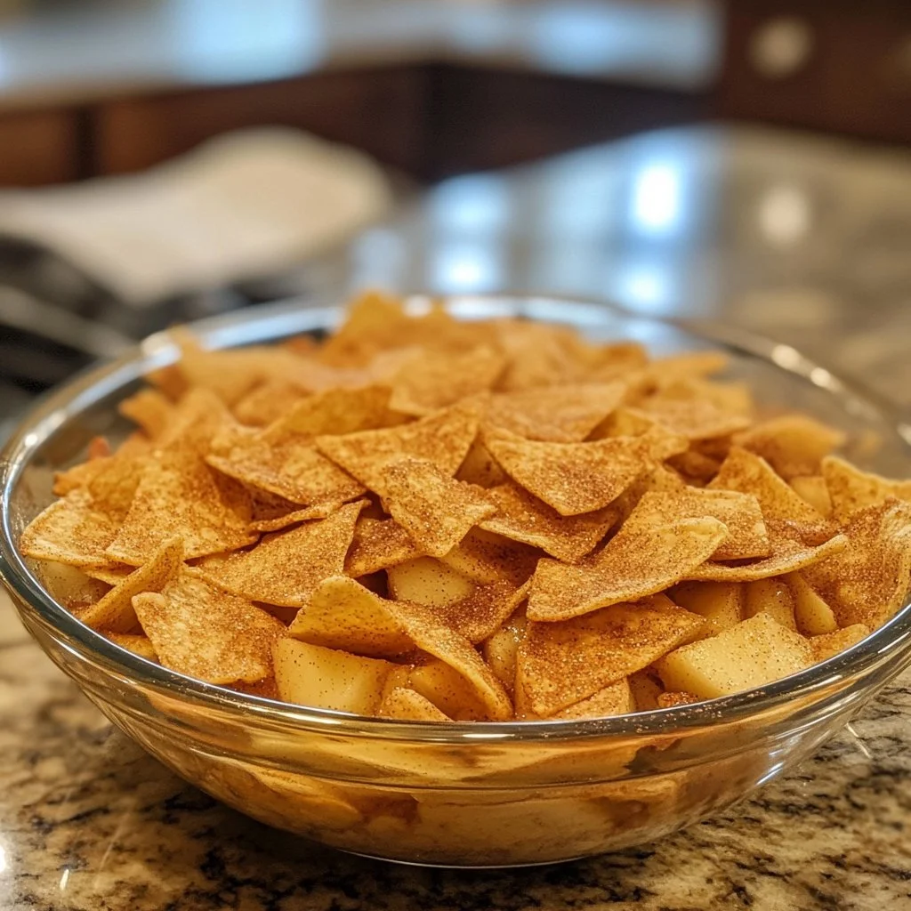 Apple Pie Dip with cinnamon sugar tortilla chips served in a bowl
