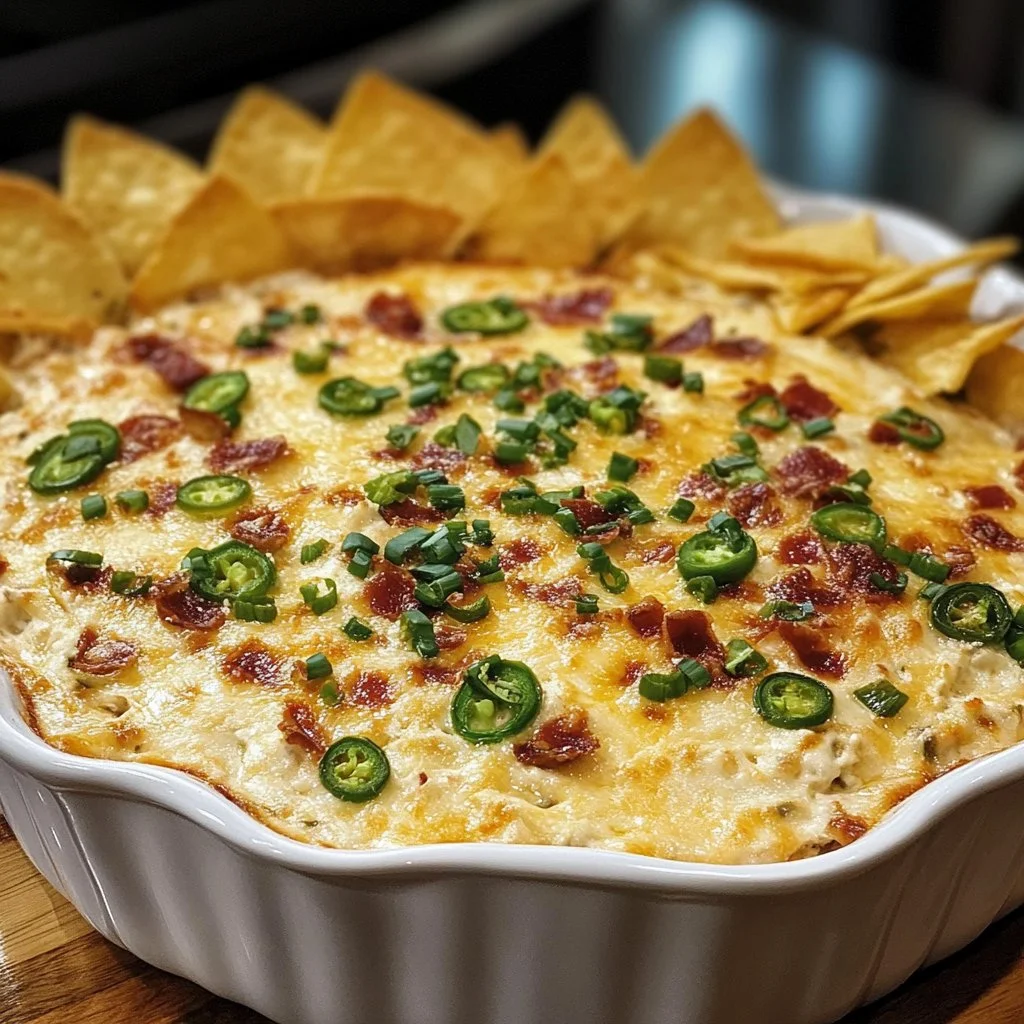 Delicious jalapeño popper dip served in a bowl with tortilla chips.