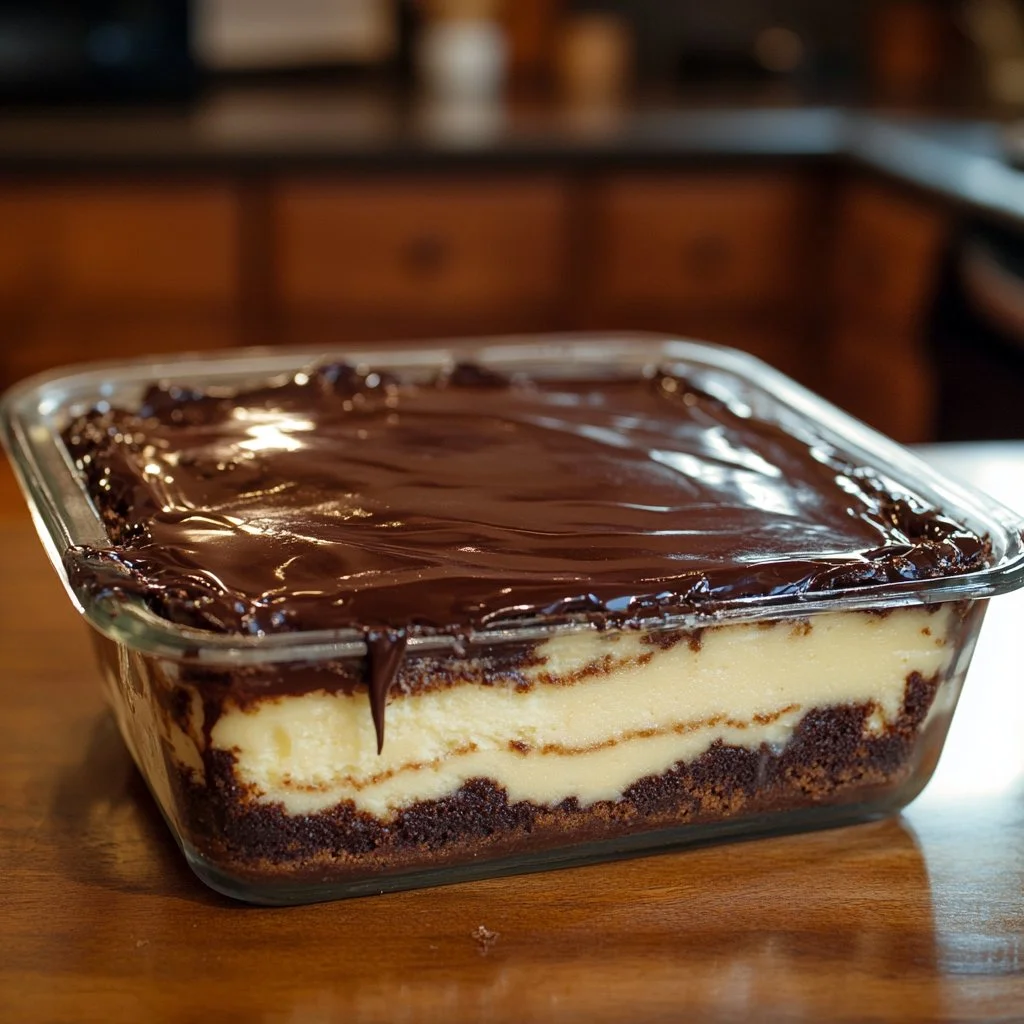 Delicious Boston Cream Pie Poke Cake with chocolate ganache and creamy filling
