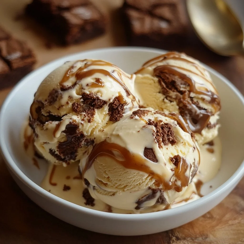 Brownie salted caramel ice cream in a bowl with chocolate drizzle