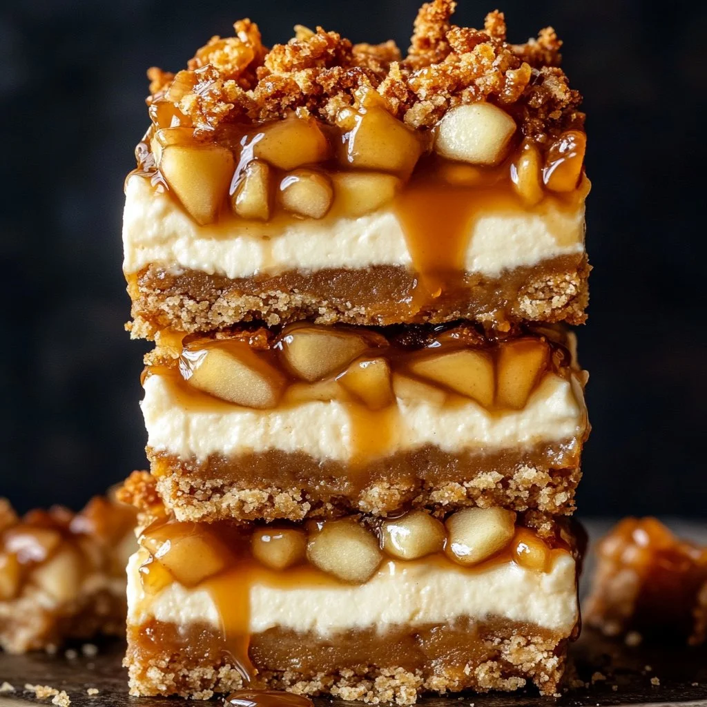 Delicious Caramel Apple Cheesecake Bars topped with caramel drizzle and apple slices.