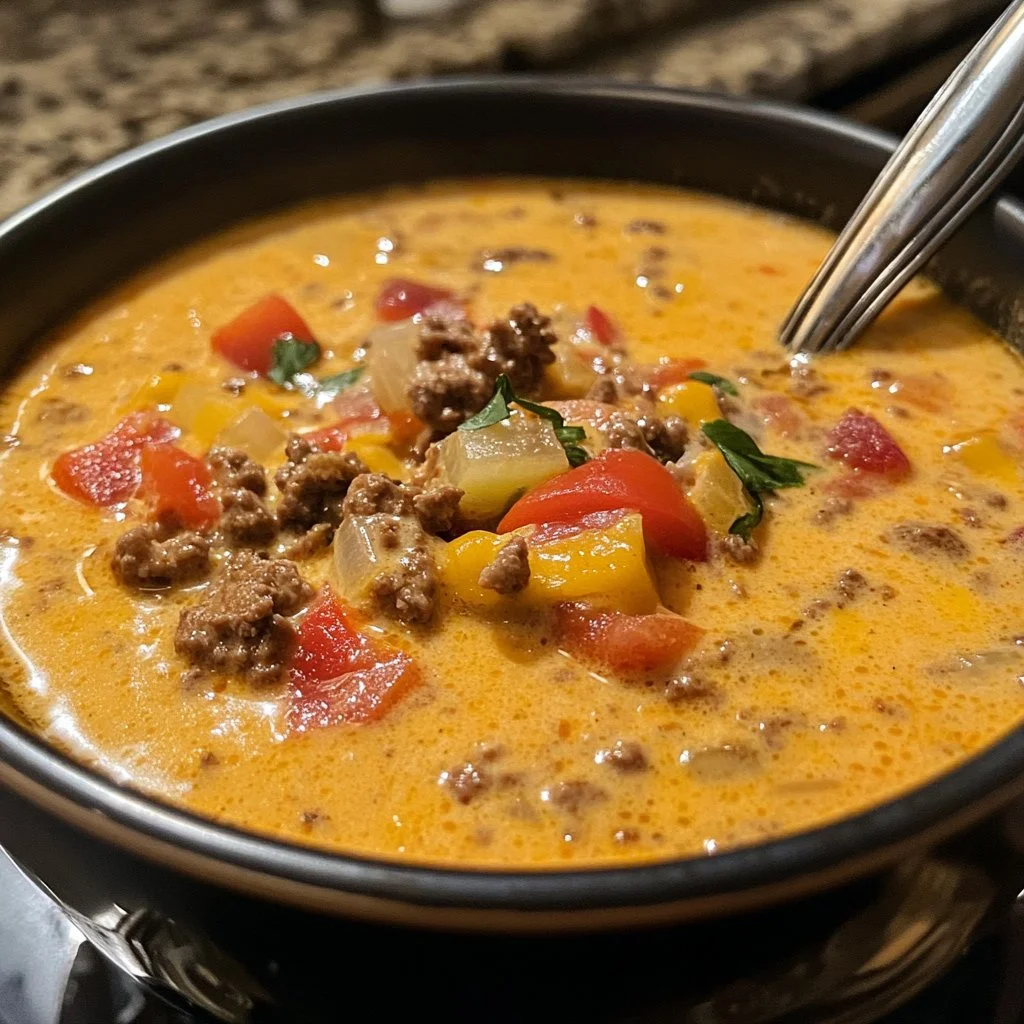 Bowl of creamy cheeseburger soup garnished with cheese and herbs