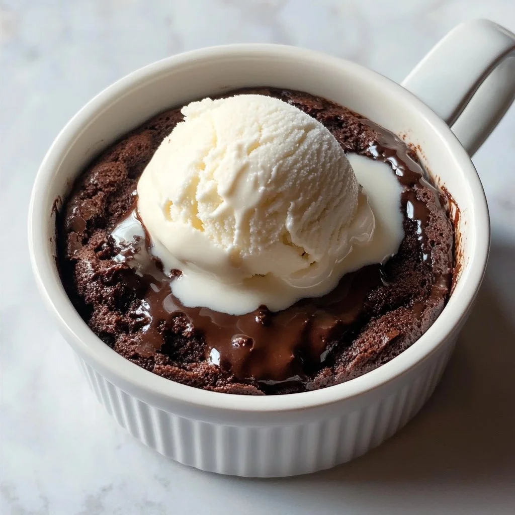 Chocolate fudge brownie in a mug topped with chocolate syrup