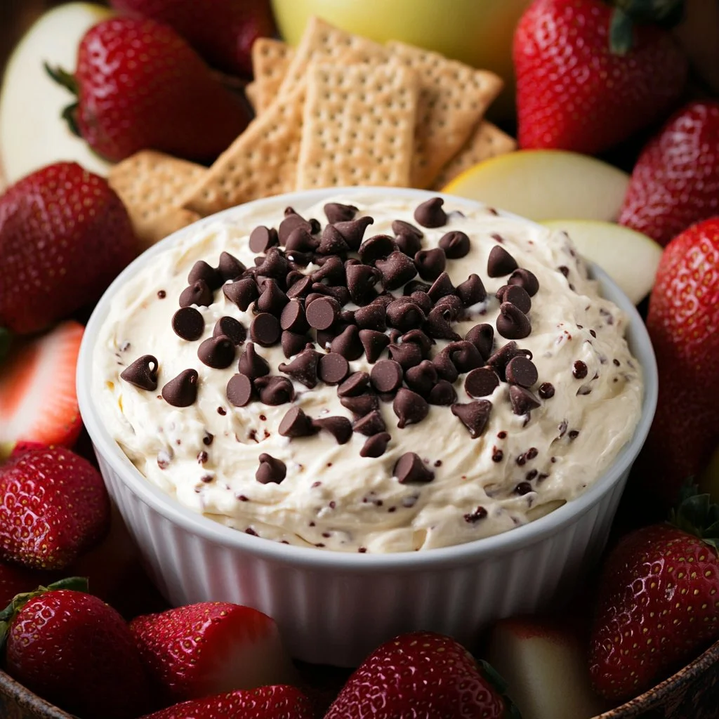 Delicious cream cheese chocolate chip dip in a bowl with chocolate chips