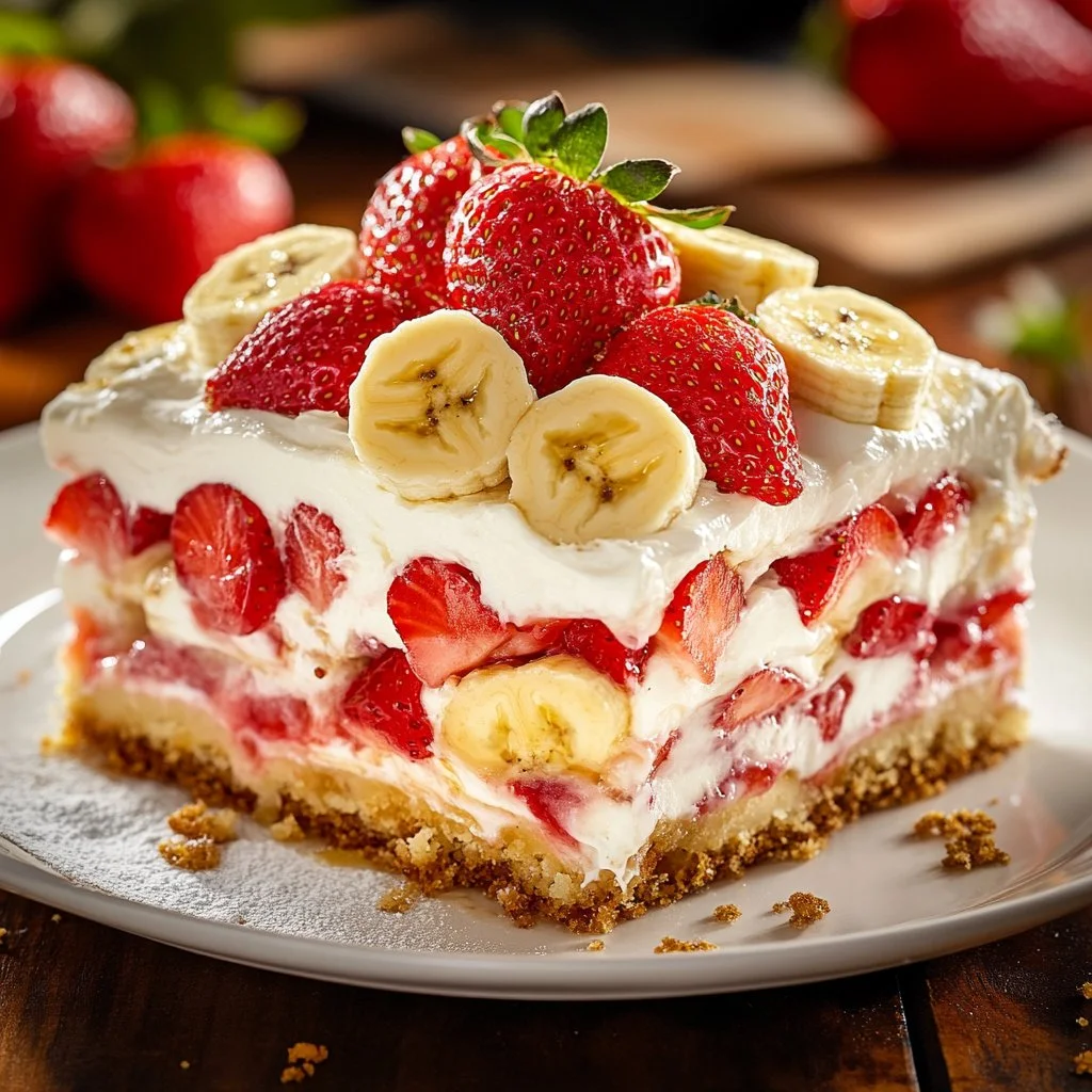 Delicious easy banana split dump cake topped with whipped cream and cherries