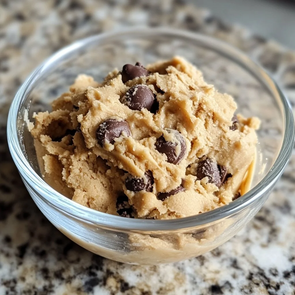 Bowl of Greek yogurt cookie dough with chocolate chips and a spoon.