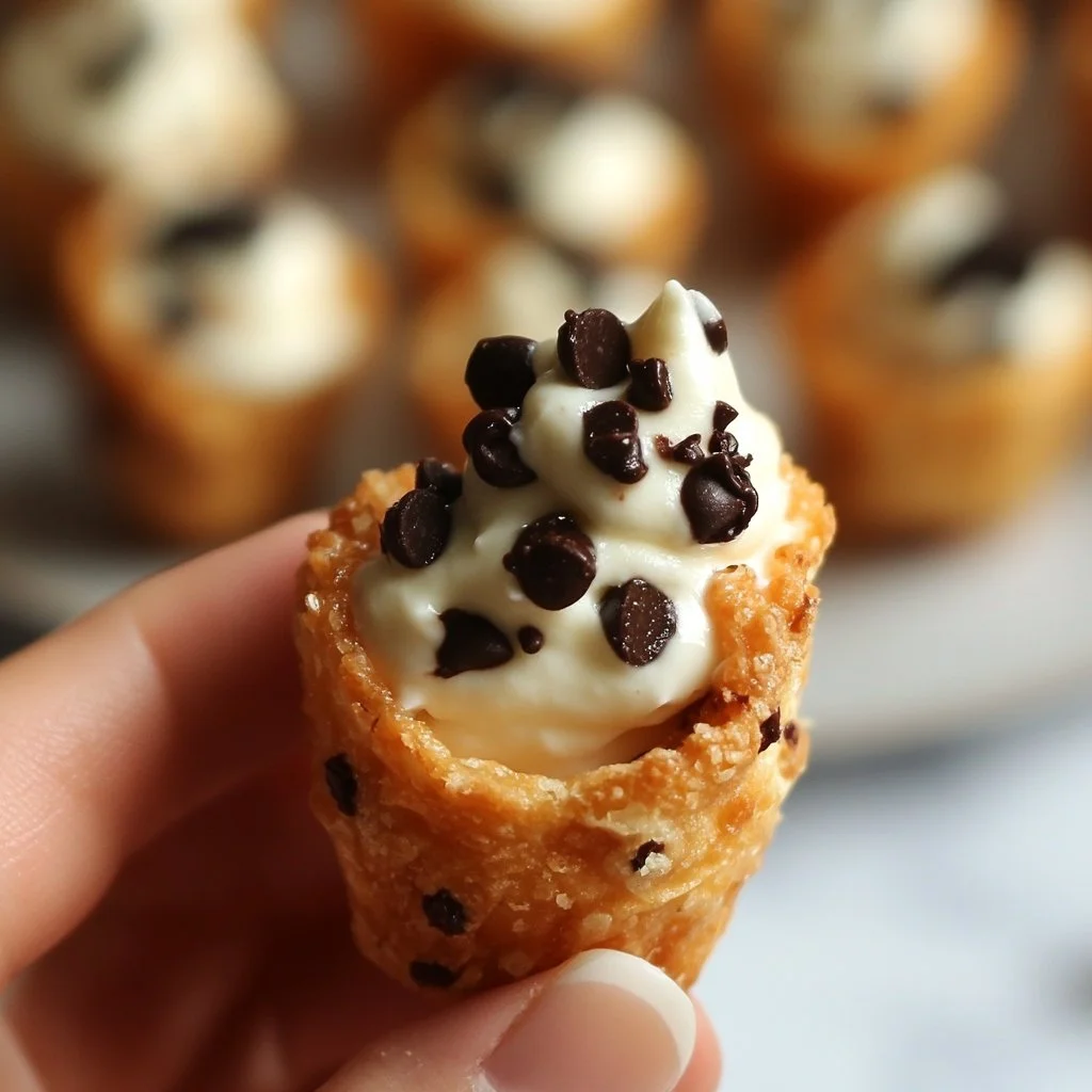 Delicious mini cannoli cups filled with creamy filling and topped with chocolate chips.