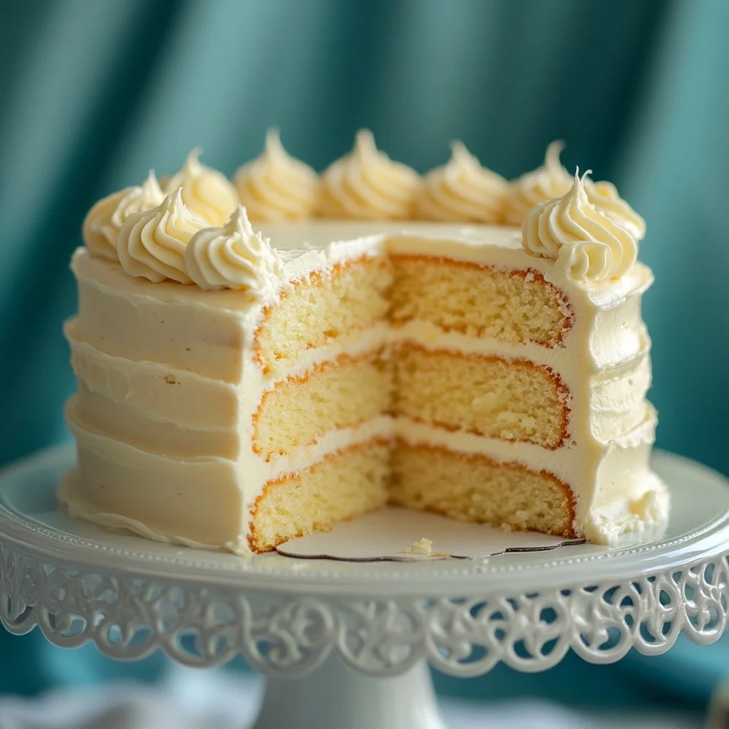 Moist vanilla almond cake with almond slices on top, served on a white plate.