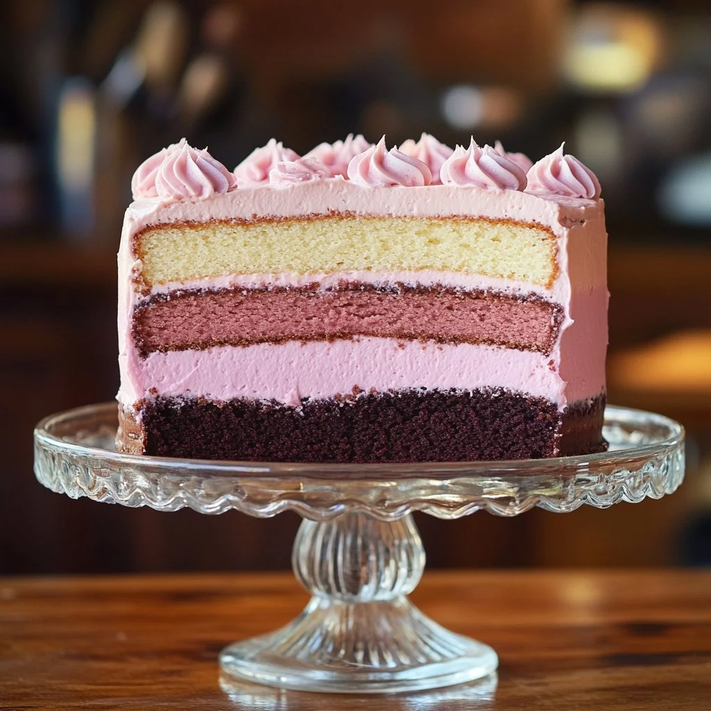 Delicious Neapolitan Cake with layers of chocolate, vanilla, and strawberry