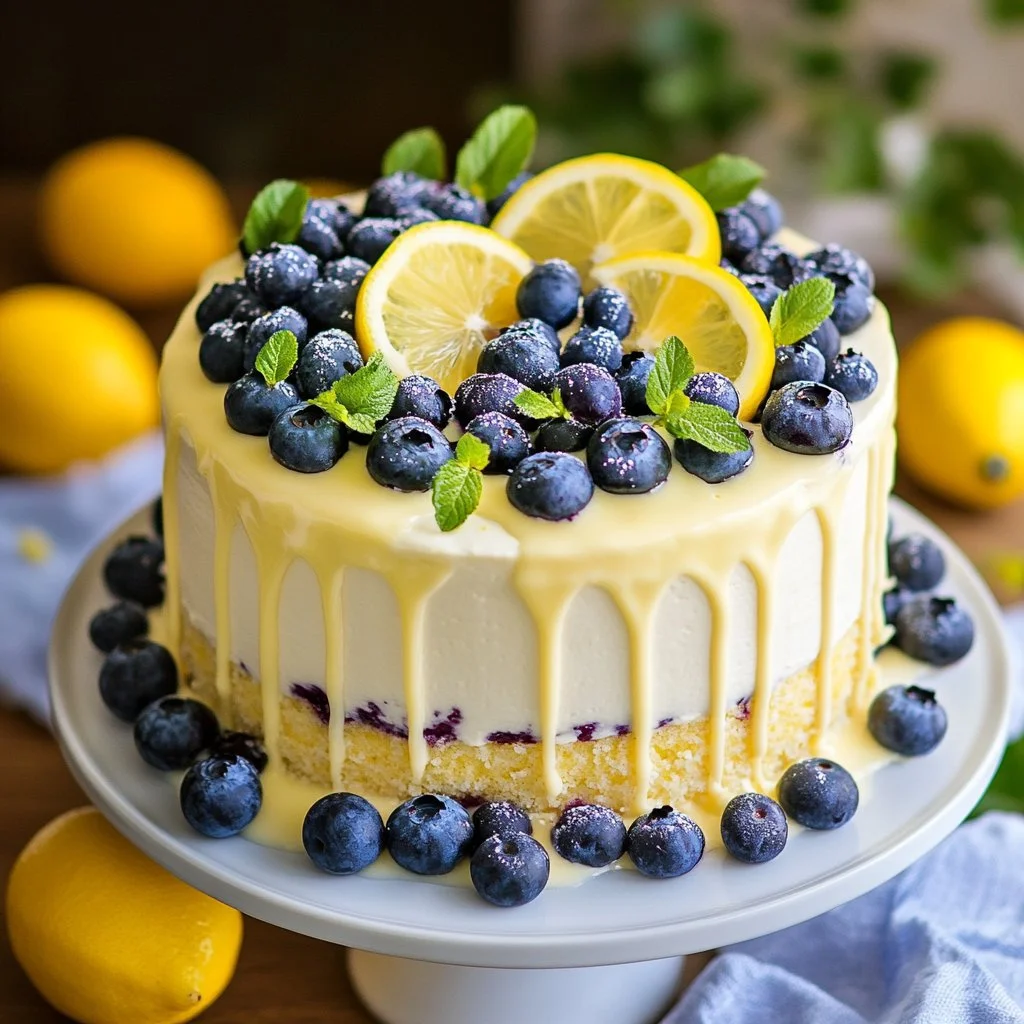 No-Bake Lemon Blueberry Cream Cake with fresh blueberries and lemon zest.
