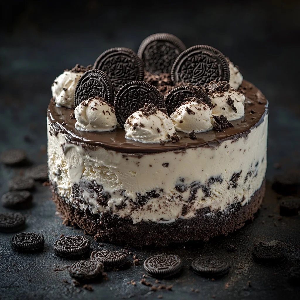 Oreo Cookie Ice Cream Cake with chocolate and cream layers
