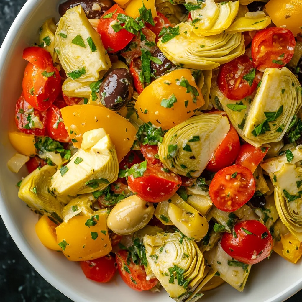 Artichoke salad with hearts of palm served in a colorful bowl
