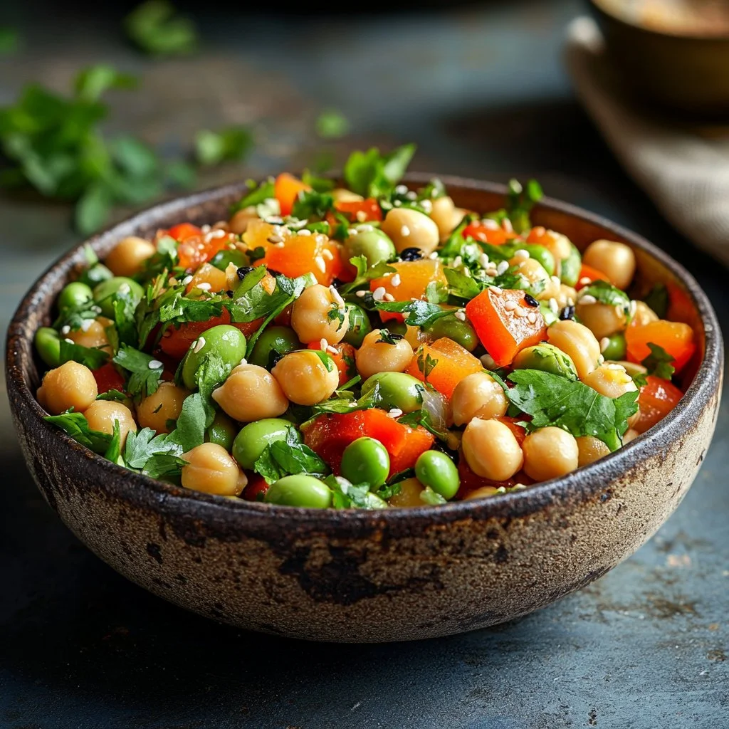 Chickpea Edamame Salad with vibrant vegetables and ginger sesame vinaigrette