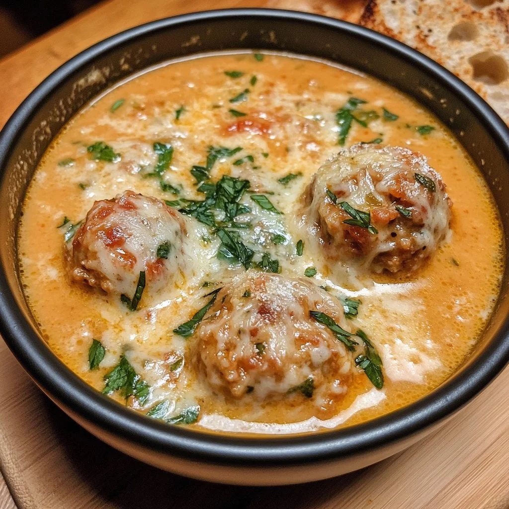Bowl of creamy Italian meatball soup garnished with parsley and parmesan.