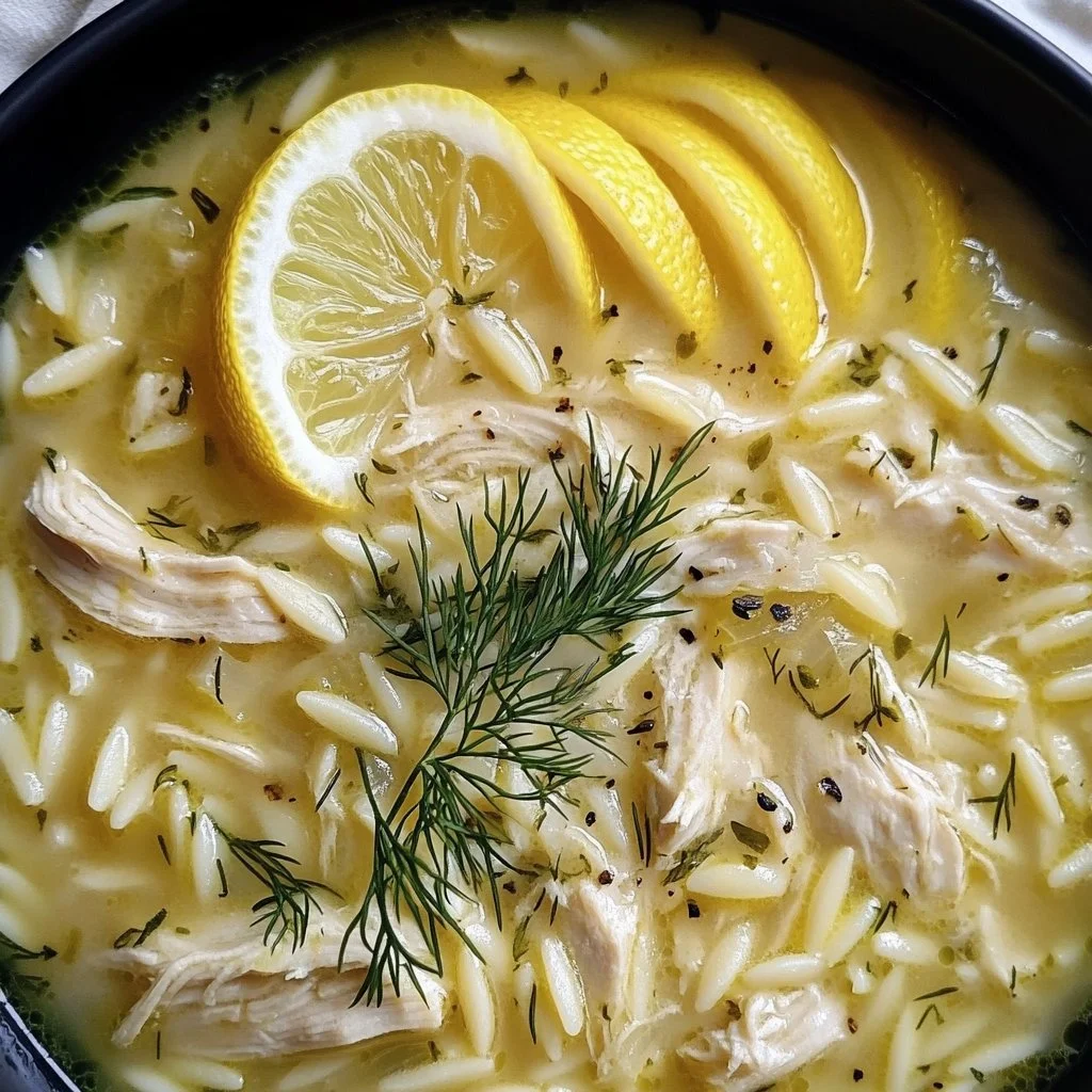 Bowl of creamy lemon chicken orzo soup with fresh herbs and lemon slices