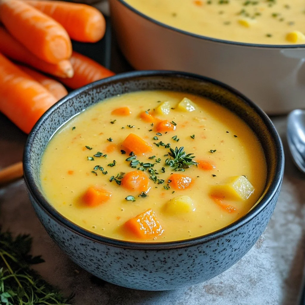 Bowl of creamy vegan carrot potato soup garnished with herbs