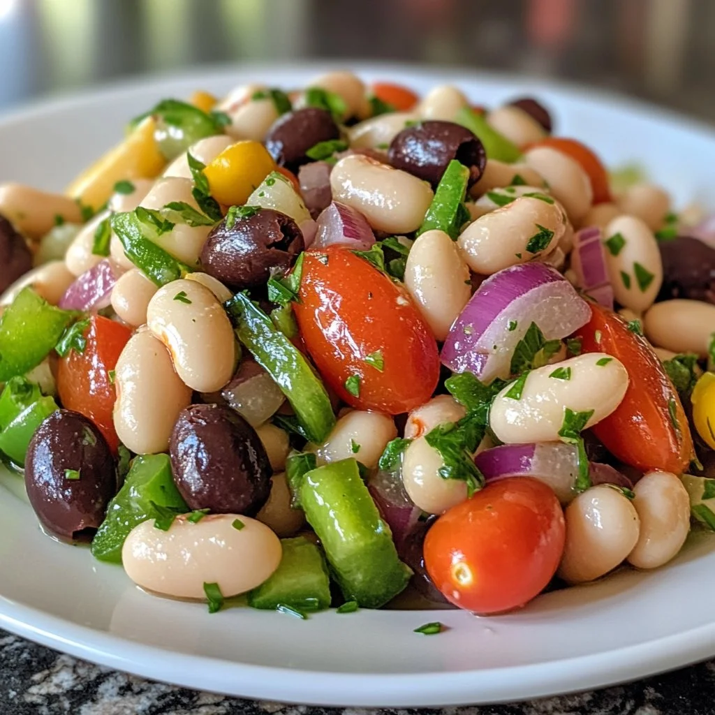 A vibrant bowl of easy Greek bean salad with fresh vegetables and herbs
