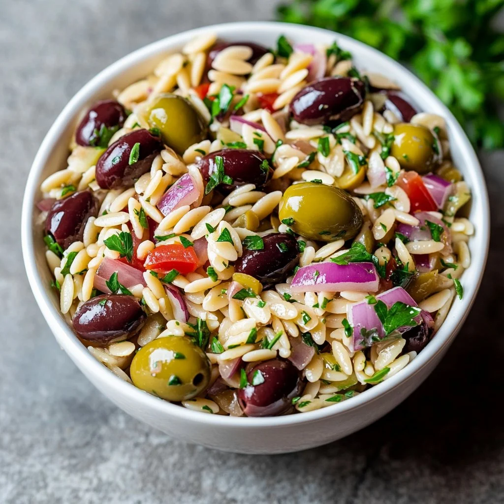 Easy Orzo Olive Salad with fresh ingredients and vibrant flavors