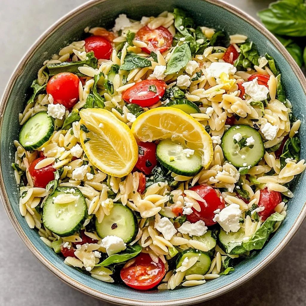 Easy orzo salad with lemon dressing topped with fresh herbs and veggies
