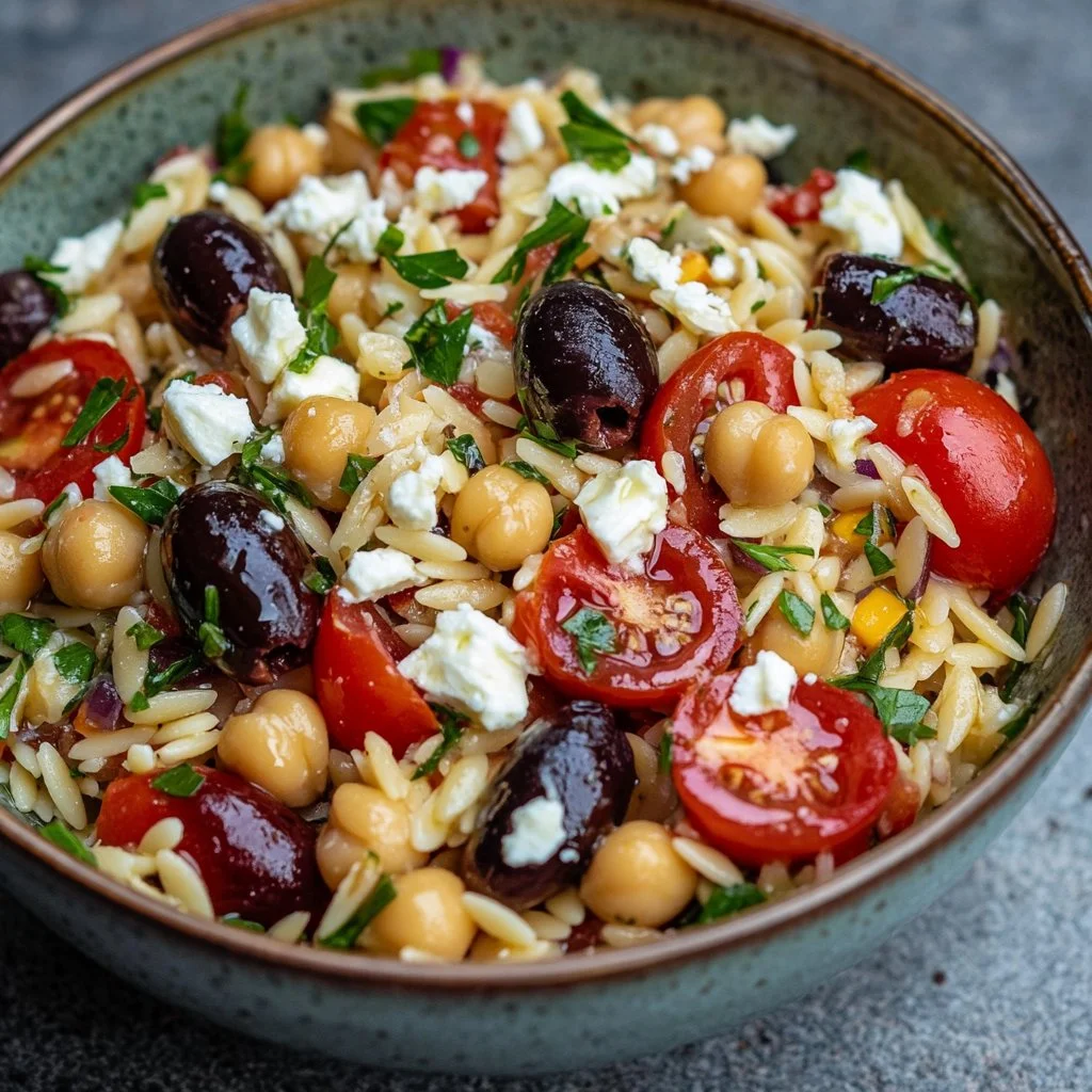 Feta Mediterranean Orzo Salad with fresh vegetables and herbs