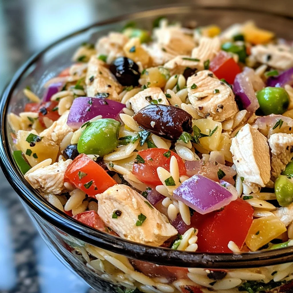 Fresh and healthy Greek Chicken Orzo Salad with vibrant vegetables and chicken