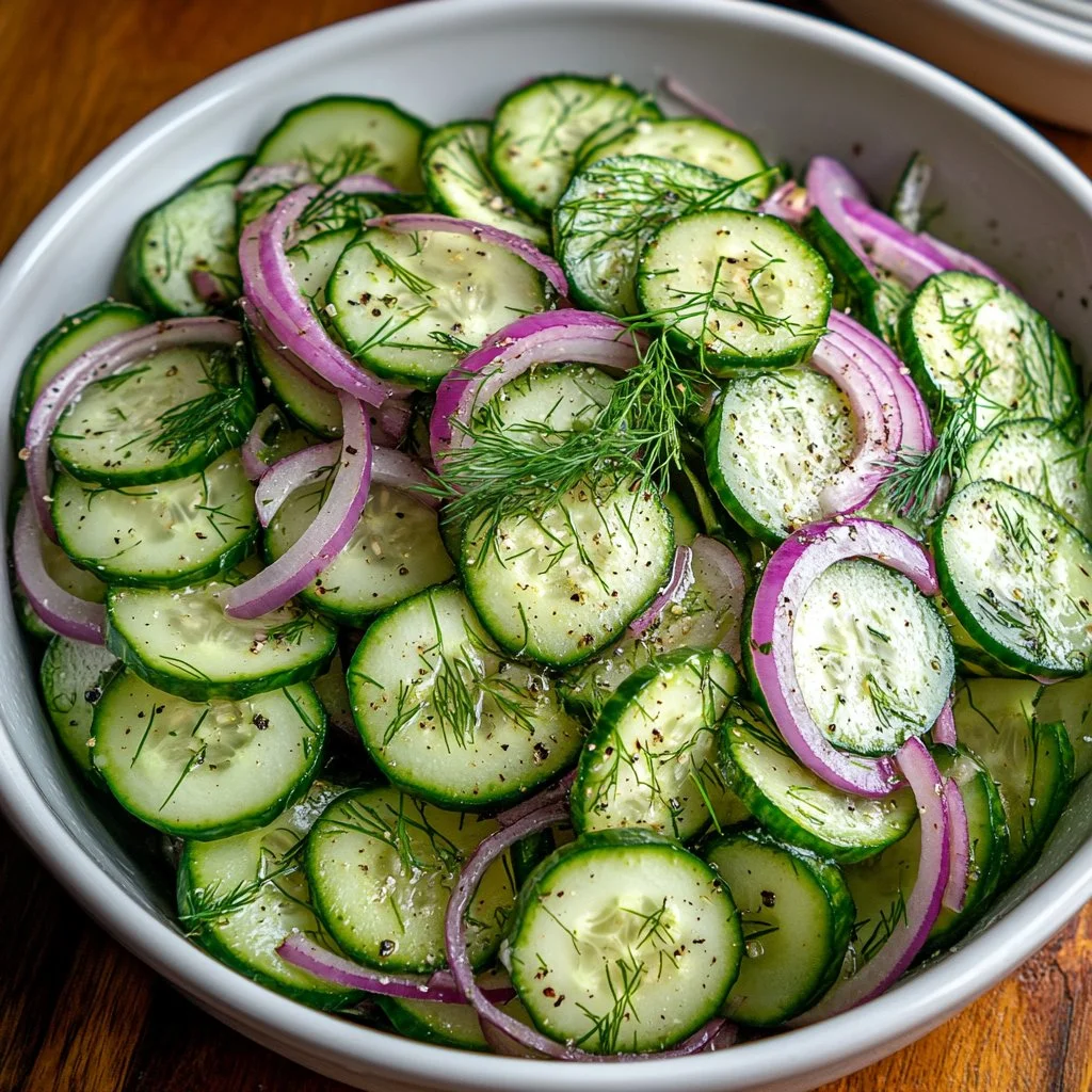 A bowl of Greek cucumber salad with feta cheese and herbs.