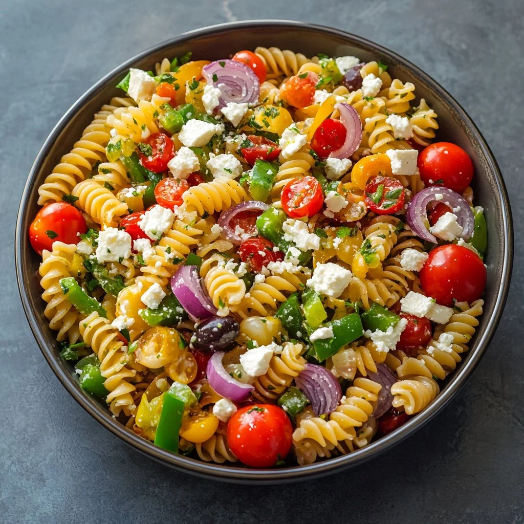A delicious Greek pasta salad with olives, feta, and fresh vegetables.
