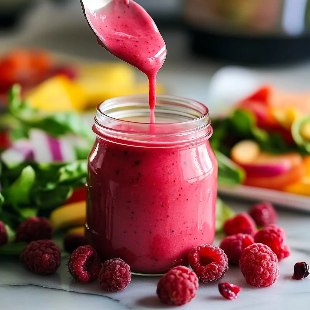 Healthy raspberry vinaigrette salad dressing in a glass jar on a wooden table