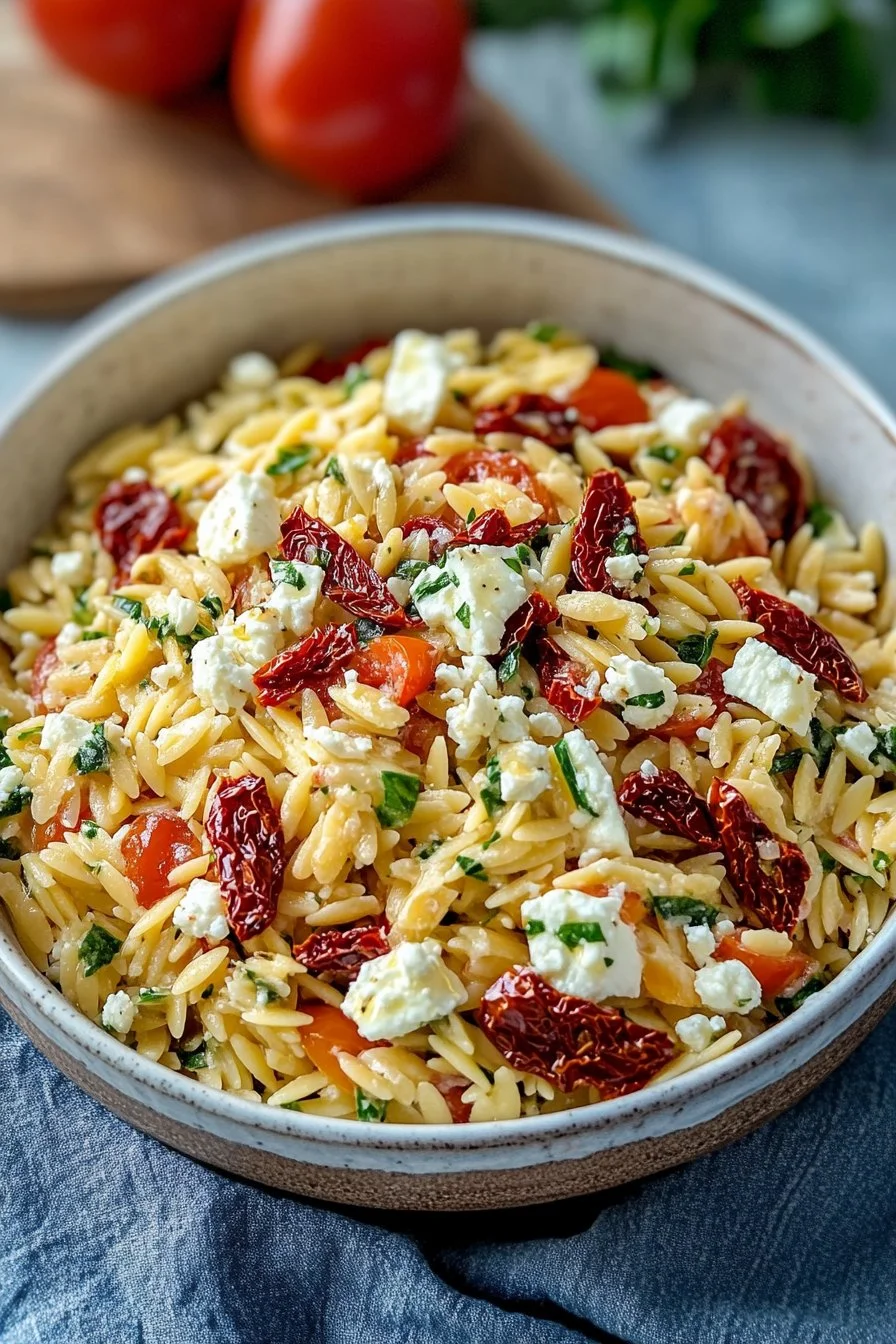 Homemade Orzo Pasta Salad with Feta and Sun-Dried Tomatoes - flirtyfood