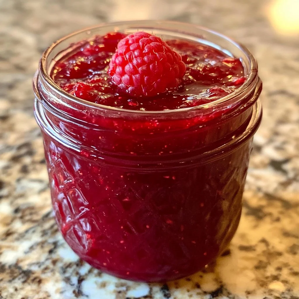 Jar of homemade raspberry rhubarb jam on a wooden table