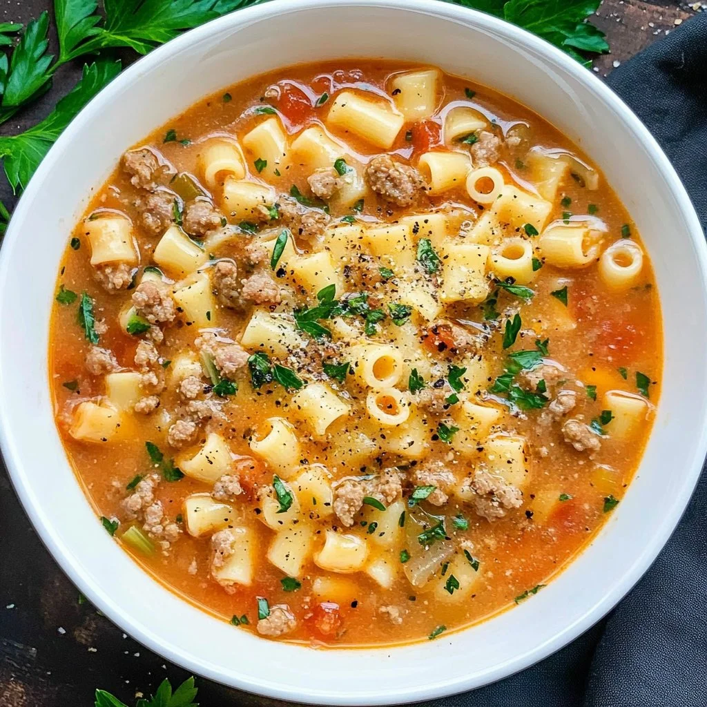 Bowls of Italian Sausage Soup with pasta and vegetables