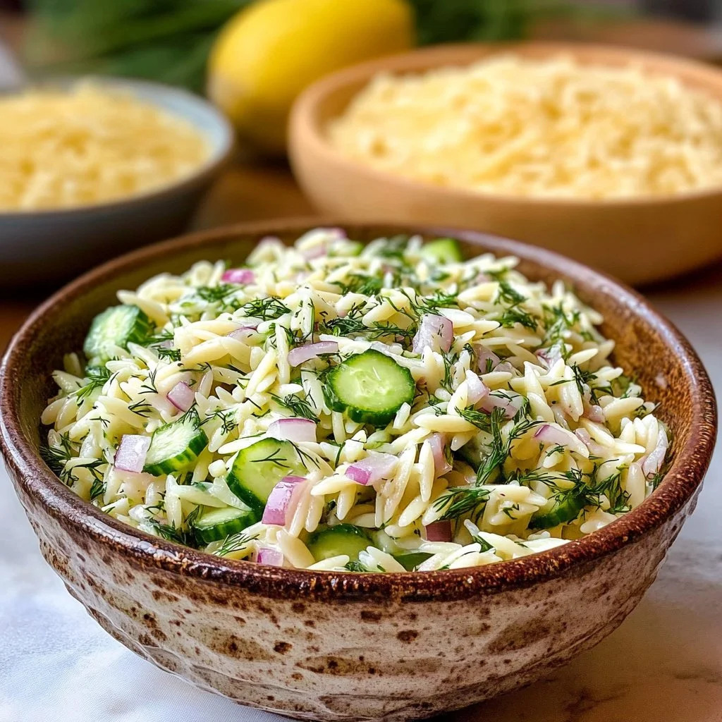 Fresh Lemon Dill Orzo Salad with vegetables and herbs in a bowl
