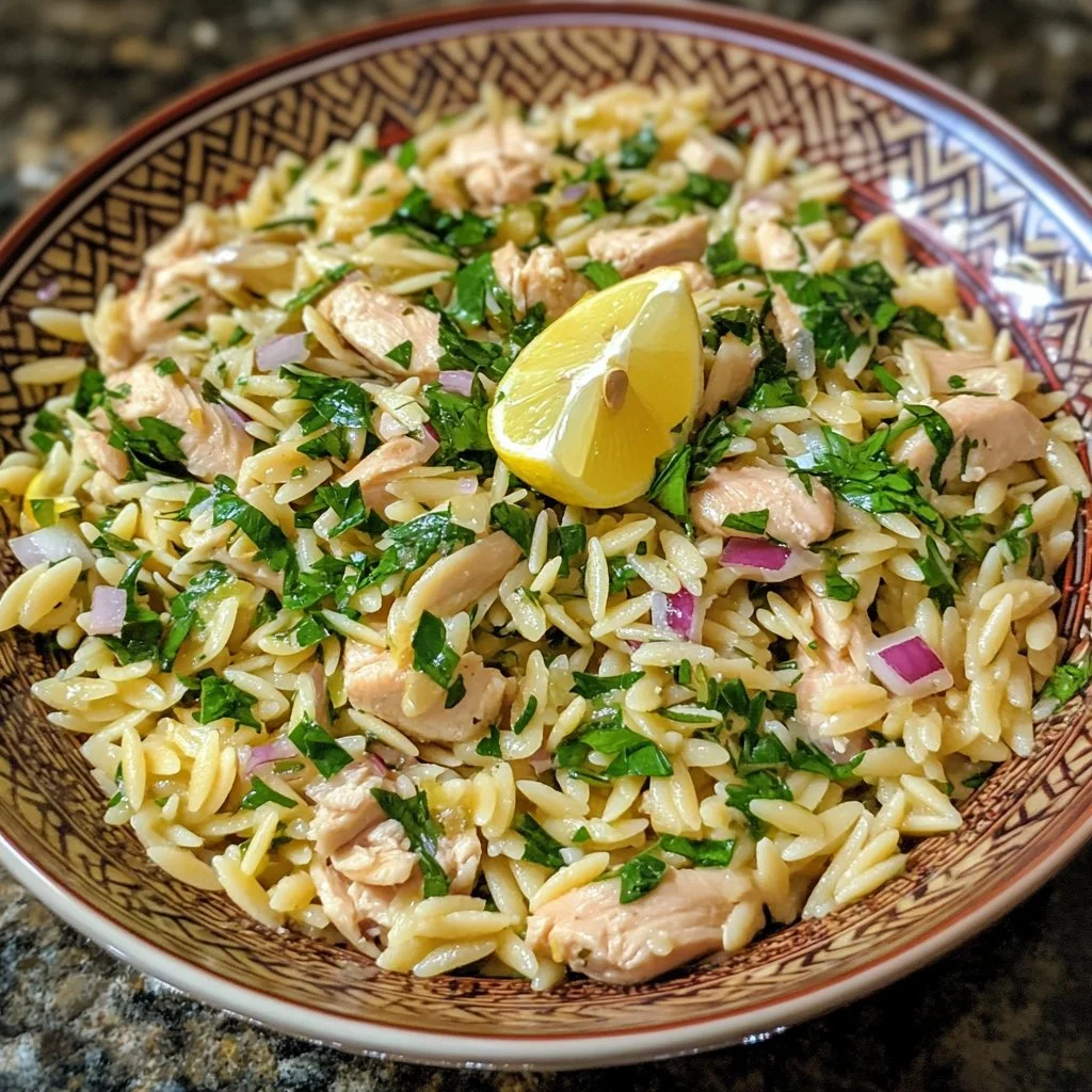 Lemon Orzo Salad with Chicken served in a bowl, colorful and healthy