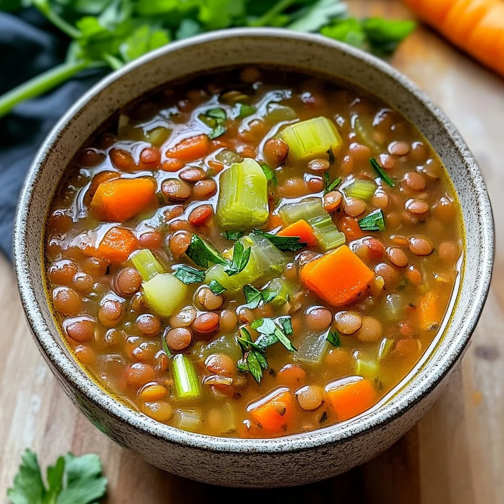 Bowl of Mediterranean Lentil Soup with fresh herbs and vegetables
