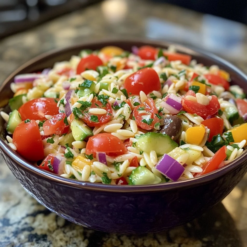 Mediterranean Orzo Pasta Salad with fresh veggies and dressing