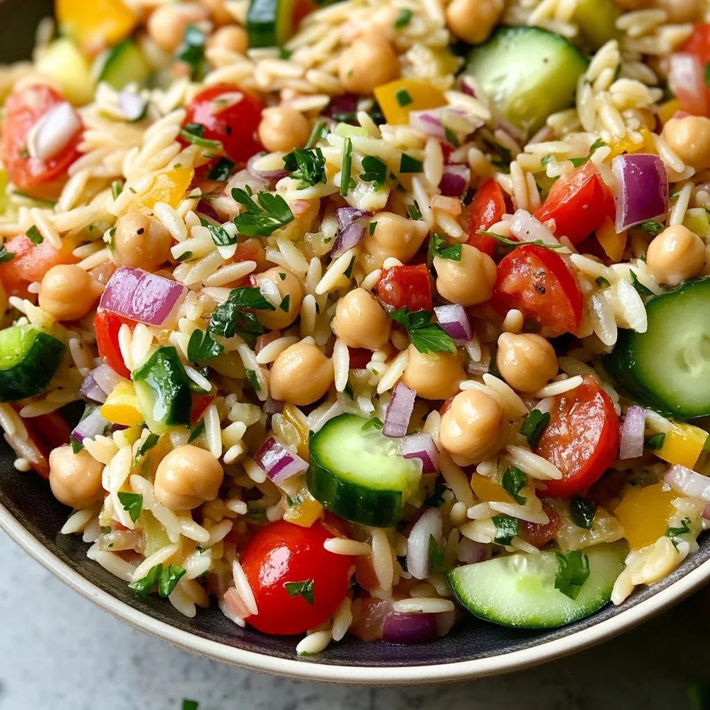 A vibrant Mediterranean Orzo Salad with fresh vegetables and herbs in a bowl.