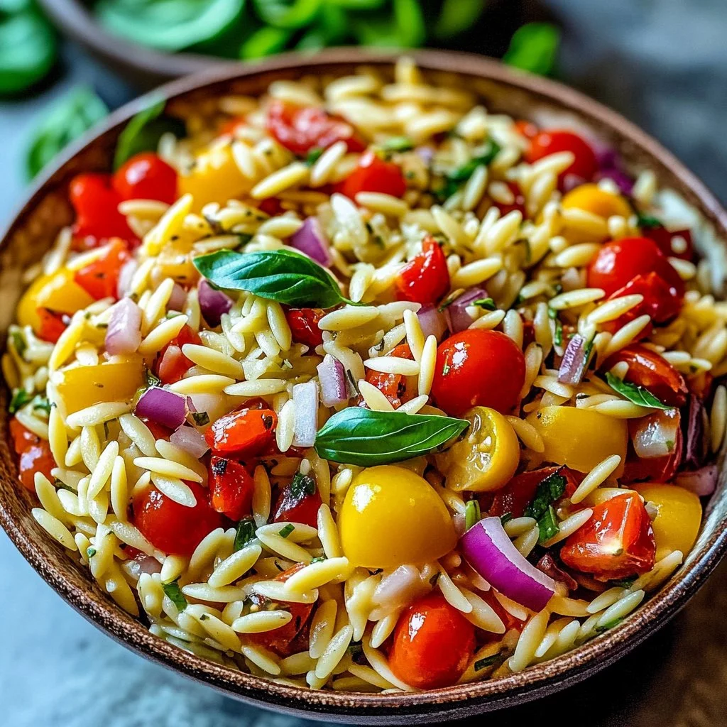 Colorful orzo pasta salad with vegetables and dressing in a bowl