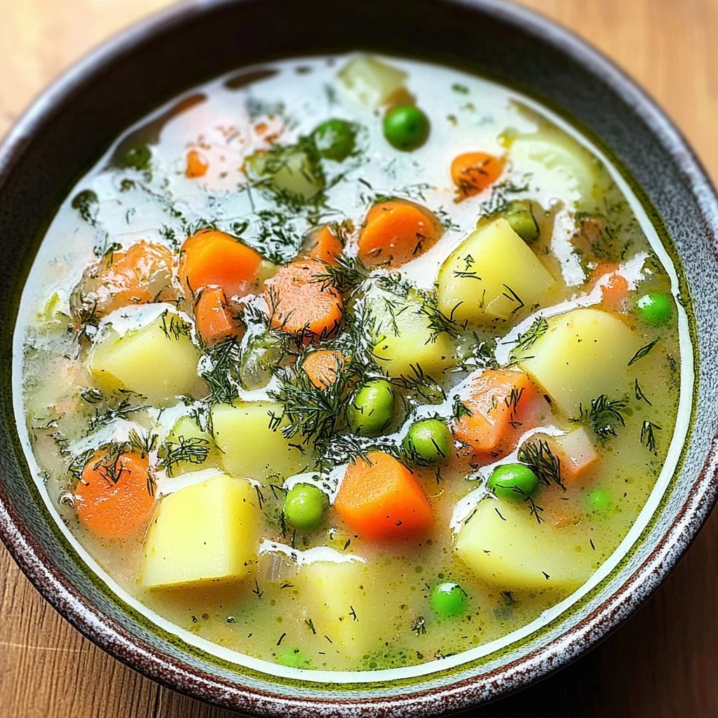 Bowl of Polish Dill Soup with fresh dill garnish and ingredients
