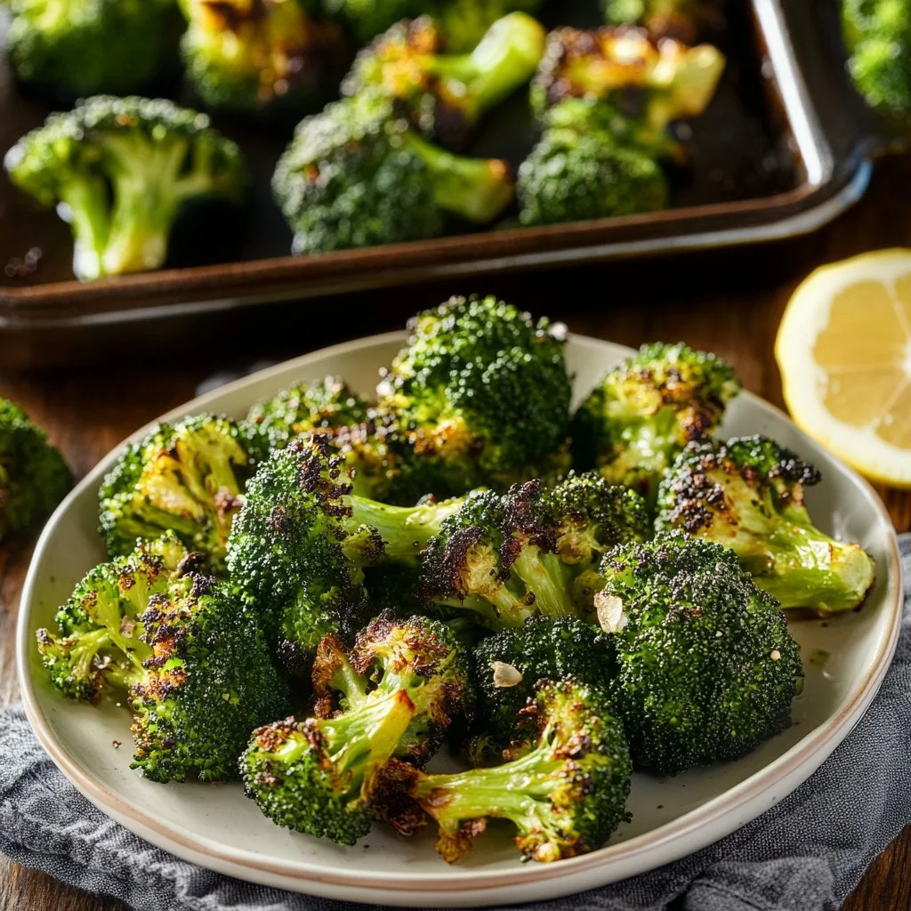 Deliciously roasted broccoli served on a plate, golden and crispy.