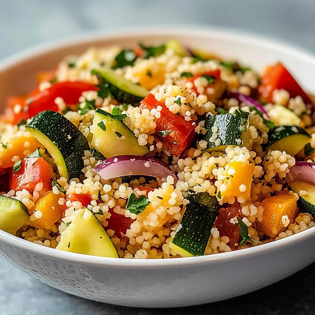 Bowl of roasted vegetable couscous with fresh vegetables and herbs