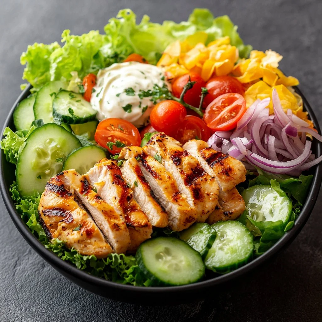 Delicious Tzatziki Chicken Salad served in a bowl with fresh vegetables.