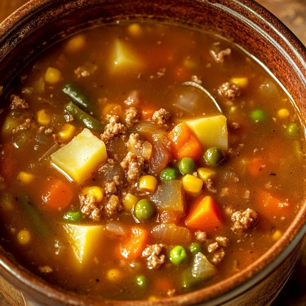 Bowl of hearty vegetable beef soup with colorful vegetables and tender beef chunks