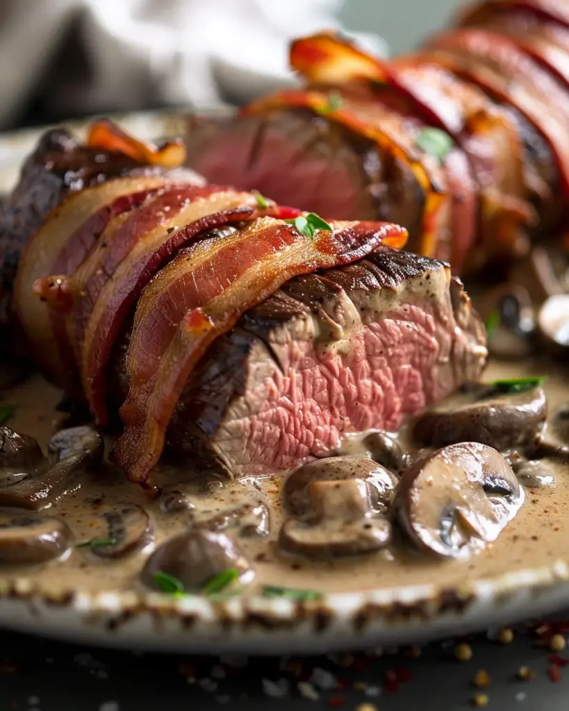 Bacon Wrapped Venison Backstrap: Luxurious Mushroom Cream Sauce 12 Bacon Wrapped Venison Backstrap: Luxurious Mushroom Cream Sauce