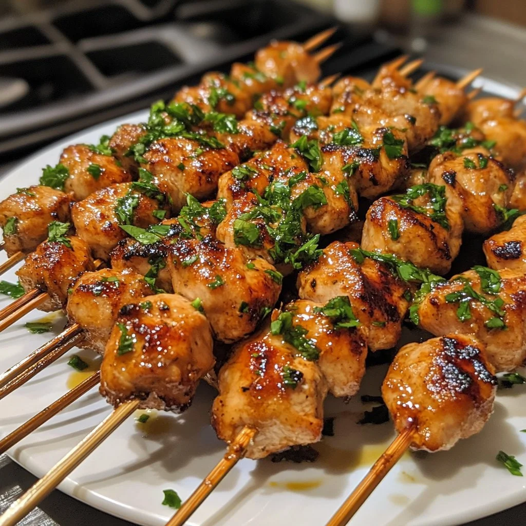 Spicy Bang Bang Chicken Skewers ready for grilling.