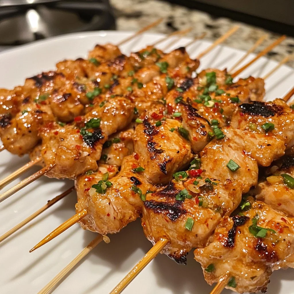 Delicious Bang Bang Chicken Skewers served on a platter