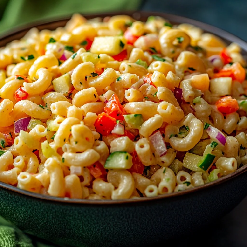 Delicious bowl of the best macaroni salad with fresh vegetables