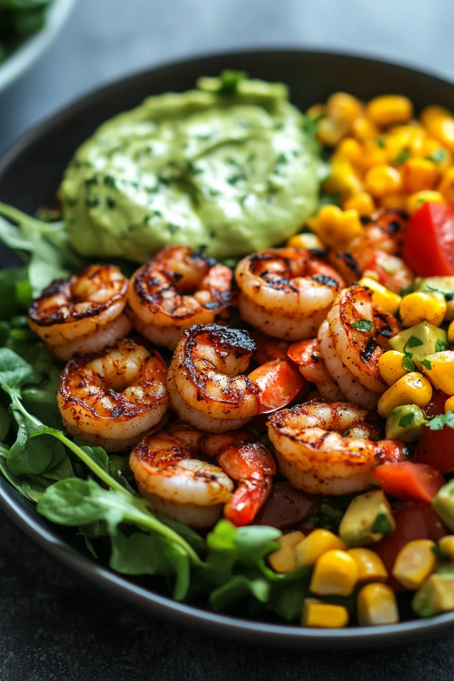 Blackened Shrimp and Grilled Corn Salad with Avocado Ranch
