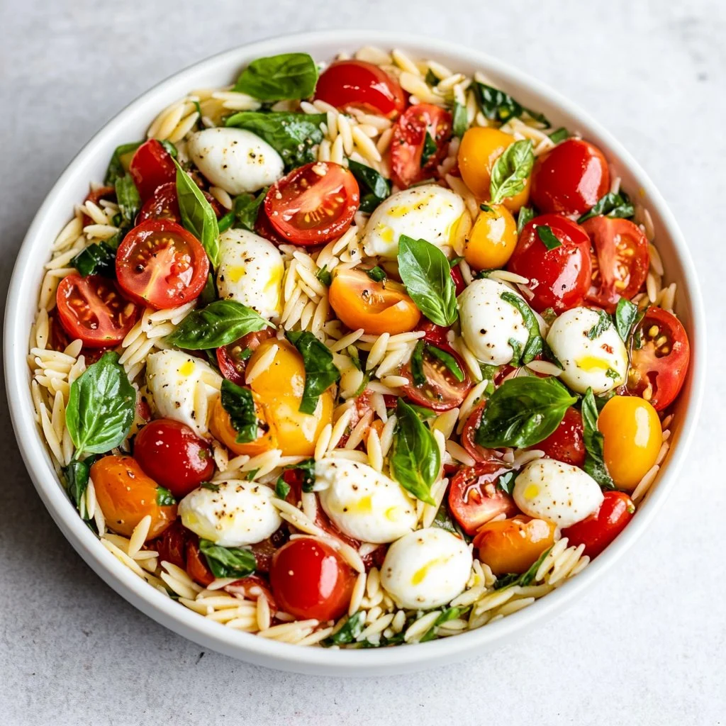 A vibrant Caprese Orzo Pasta Salad with tomatoes, basil, and mozzarella