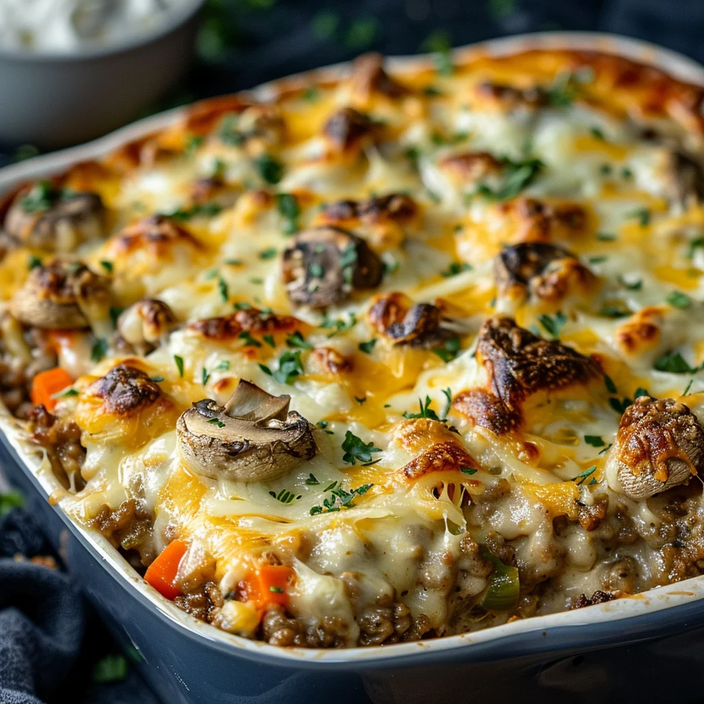 Cheesy Ground Meat and Veggie Bake With Creamy Mushroom Layer